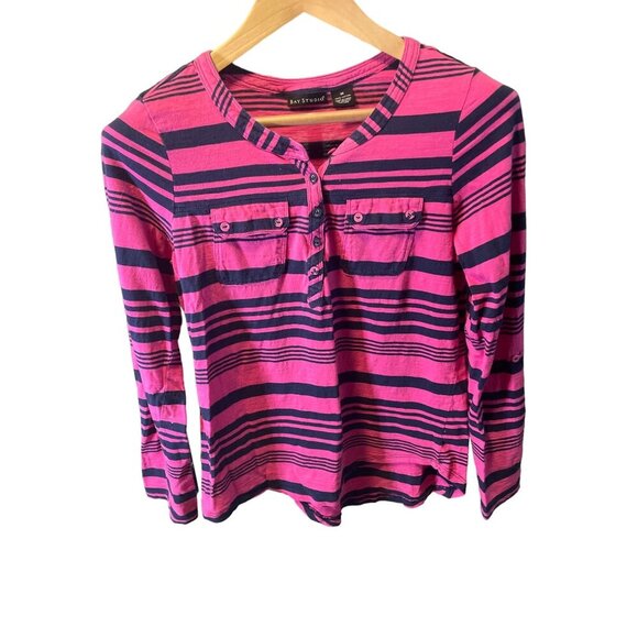 Bay Studio Pink Black Striped Split Neck Roll Tab Sleeve Henley Top SZ M - Picture 1 of 6